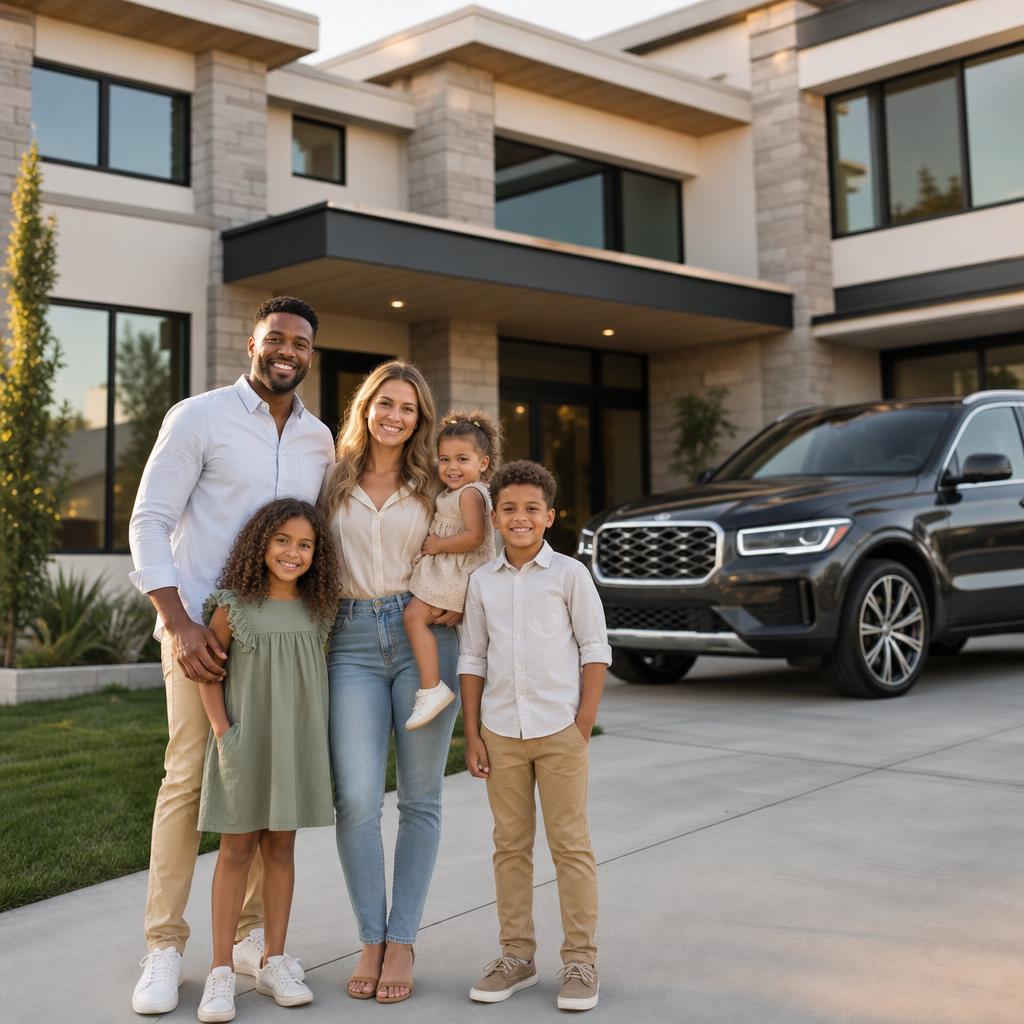 Happy family in front of a modern luxury home with their SUV